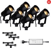 (Complete set) - 6 x LED Prikspot Lagos IP65 - 10 watt - 24v - Warmwit licht - & - 5 x Kabelverbinder T waterdicht - 24 v - & - 1 x LED Hamulight transformator 100w - 24v | Tuinverlichting | 