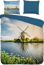 2-persoons dekbedovertrek (dekbed hoes) “windmolen” blauw met molens aan het water (rivier) in een typisch Nederlands landschap (natuur fotoprint) KATOEN 200 x 220 cm