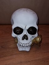 Doodshoofd wit met gouden roos in de mond - Doodskop - Skelet - Skull - Skeleton -  Halloween - Griezel - interieurdecoratie