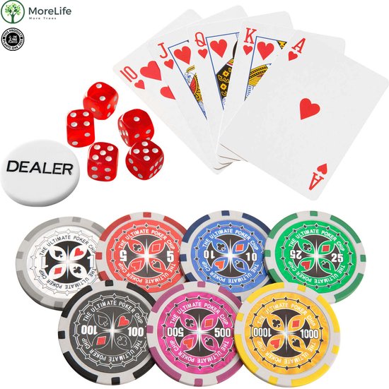Thumbnail van een extra afbeelding van het spel Morelife Pokerset |Volledige Pokerset 500 chips | Aluminium Pokerkoffer | Inclusief 2 × Kaartspel | De beste Pokerset | 5 Dobbelstenen | Sleutels | Dealer button