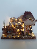 Kerststal met 11 figuren steen en hout 40 led lichtjes en hand gemaakt dus uniek  28x37x16 cm