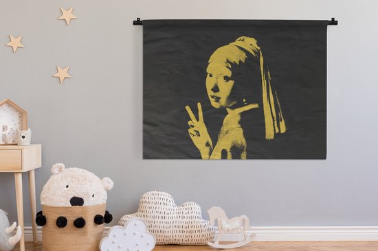 Wandkleed - Wanddoek - Meisje met de parel - Geel - Zwart - 120x90 cm - Wandtapijt