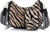 Crossbody Tas Zebra met Portemonnee - Tas met Vacht - Beige/Zwart