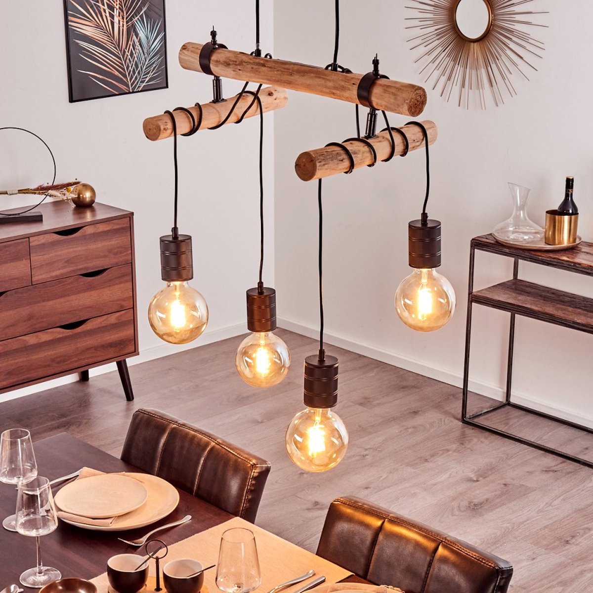 Belanian.nl - Modern, vintage hanglamp zwart, licht hout, 4 lichts,Scandinavisch Boho-stijl E27 fitting , Industrieel Hanglamp voor Eetkamer, keuken, slaapkamer, woonkamer