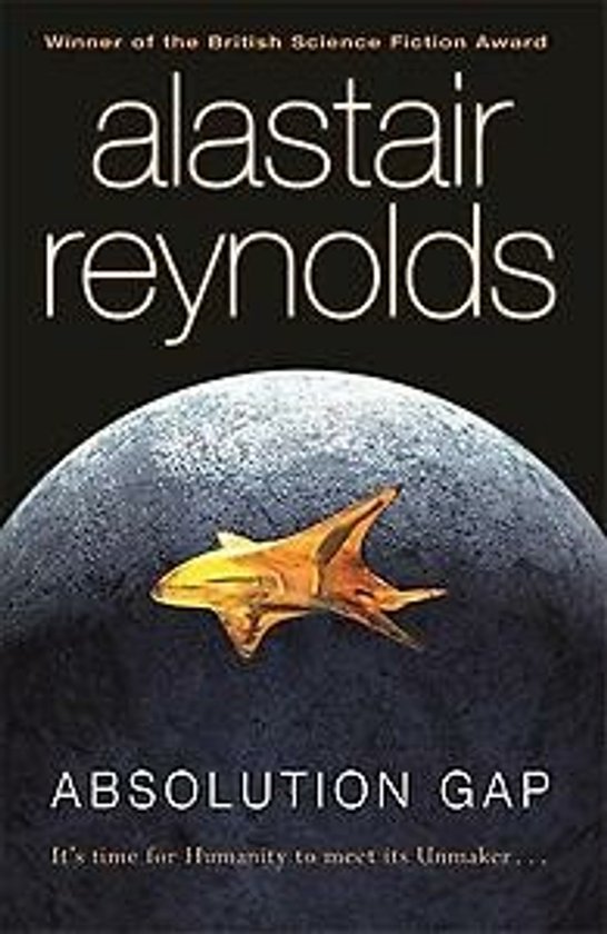 Boek kaft van 'Absolution Gap' van Alastair Reynolds, met een gouden vliegend wezen voor een rotsachtige planeet.
