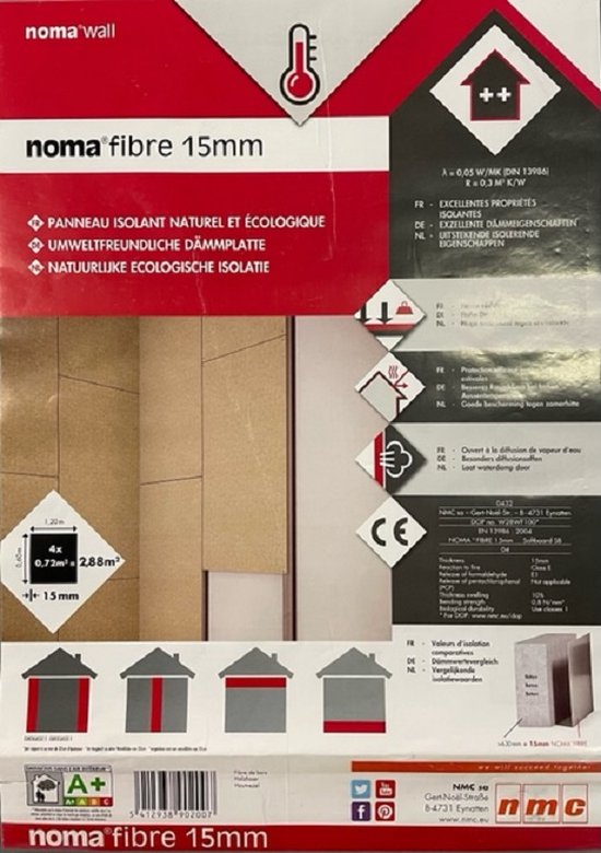 Foto: Nmc noma fibre 15 mm natuurlijke ecologische isolatie pakket van 4 platen 1 20 m x 0 60 m x 15 mm