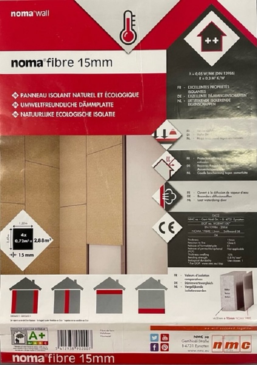 NMC Noma Fibre 15 mm - Natuurlijke ecologische isolatie - pakket van 4 platen 1.20 m x 0.60 m x 15 mm