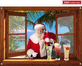 D&C Collection - 90x65 cm - kerst poster voor buiten - doorkijk - bruin venster met kerstman en cocktails - strand - winter poster - kerst decoratie