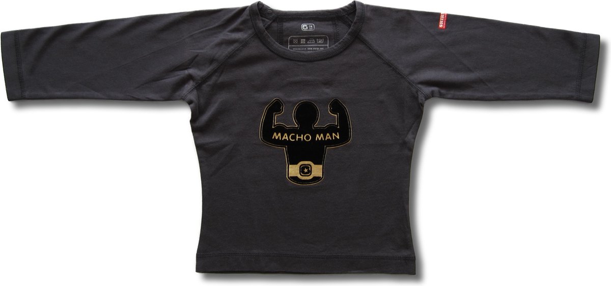 Twentyfourdips | T-shirt lange mouw kind met print 'Macho man' | Zwart | Maat 86 | In giftbox