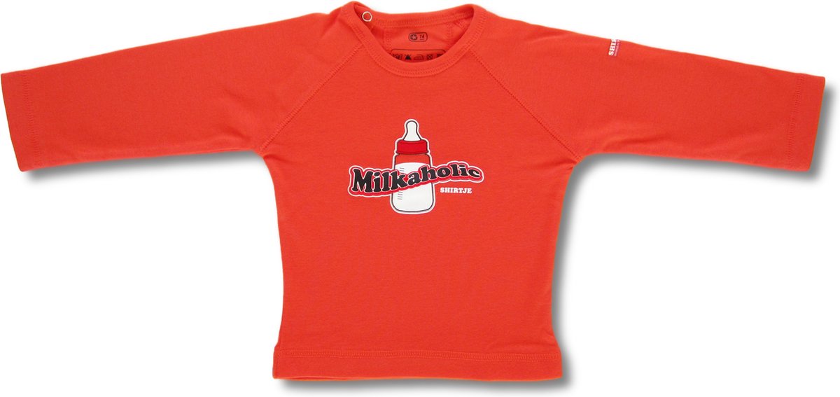 Twentyfourdips | T-shirt lange mouw baby met print 'Milkaholic' | Donker oranje | Maat 62 | In giftbox
