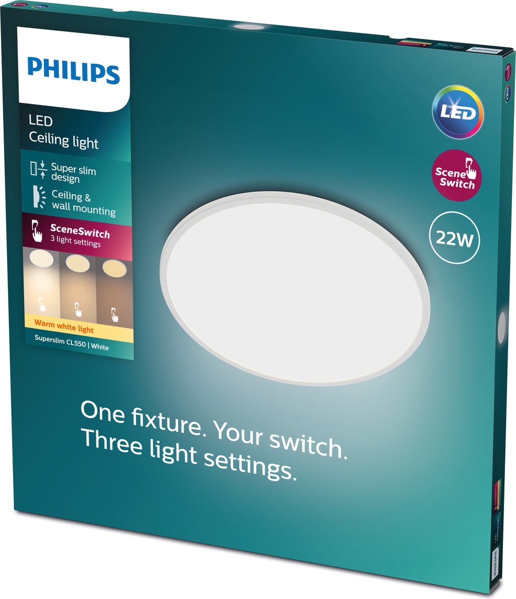 Philips SuperSlim plafondlamp - wit - groot - warmwit licht - 22 W
