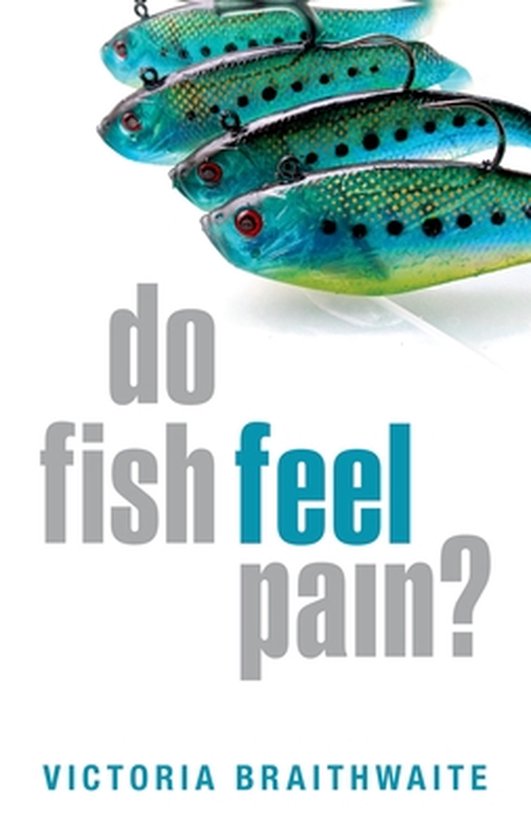 Vier felgekleurde kunstaasjes met blauwe en groene vlekken, met de tekst 'do fish feel pain?'