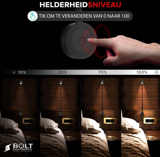 Main atténue la lampe de lecture noire de 10% à 100% de luminosité, texte 'HELDERHEID SNIVEAU'.