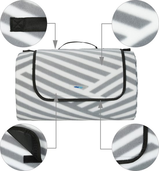 Couverture de pique-nique 200x300 cm XXL polaire imperméable pliable gris blanc manche aluminium rayures