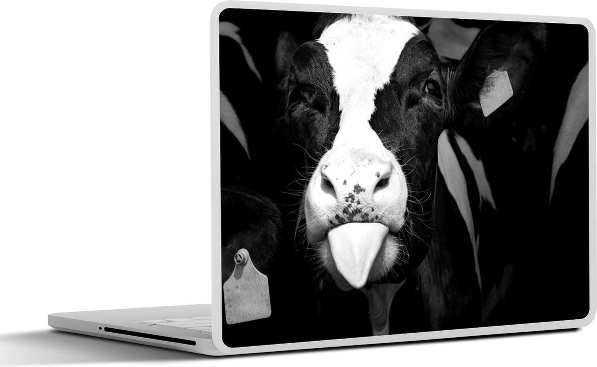 Afbeelding van product SleevesAndCases  Laptop sticker - 14 inch - Close up van een schattig kalfje van de Friese koe - zwart wit
