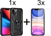 iPhone 13 Mini hoesje Kickstand Ring shock proof case zwart met zwarte randen armor magneet - 3x iPhone 13 Mini Screenprotector