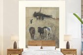 Behang - Fotobehang Paarden op het strand met een schuit en vissers - Schilderij van George Hendrik Breitner - Breedte 195 cm x hoogte 240 cm
