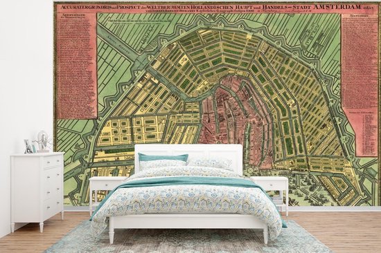 Papier peint photo vinyle - Plan de la ville historique d' Amsterdam aux Pays-Bas - Plan d'étage largeur 295 cm x hauteur 220 cm - Tirage photo sur papier peint (disponible en 7 tailles)