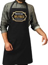 Naam cadeau Master chef Wilfried keukenschort/ barbecue schort zwart voor heren/ mannen - cadeau vaderdag/ verjaardag/ Pensioen