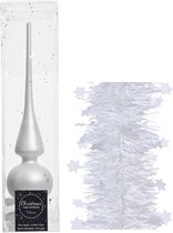 Kerstversiering glazen piek mat 26 cm en sterren folieslingers pakket winter wit van 3x stuks - Kerstboomversiering
