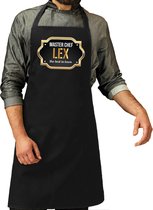 Naam cadeau Master chef Lex keukenschort/ barbecue schort zwart voor heren/ mannen - cadeau vaderdag/ verjaardag/ Pensioen