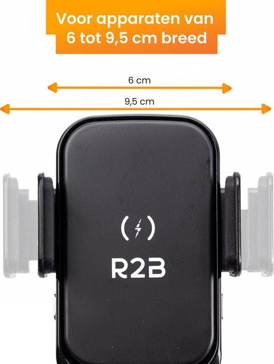 Zwarte R2B telefoonhouder met aanduiding "Voor apparaten van 6 tot 9,5 cm breed".