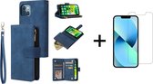 Luxe Telefoonhoesje voor Apple iPhone 13 Mini | Hoogwaardig Leren Bookcase | Lederen Wallet Case | Luxe Uitstraling | Pasjeshouder 6 stuks | Blauw + 1x Screenprotector