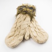 Wanten - Handschoenen - Dames - gebreid met nepbont - fleece voering - one size - Beige
