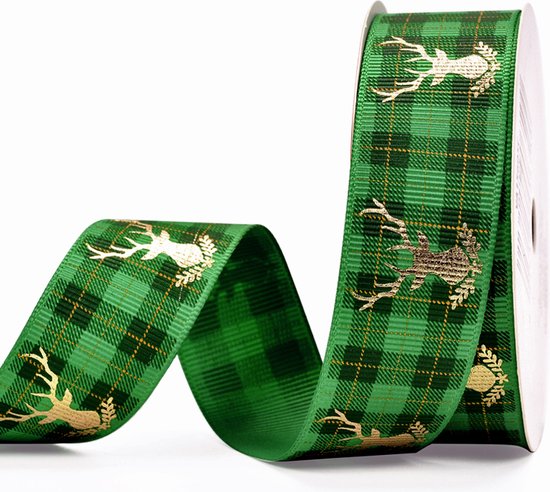 Groen geruit lint met goudkleurige herten en bladeren, 25mm breed.