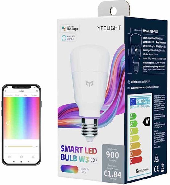 Yeelight Slimme Kleur LED Lamp E27 - Levensduur 25.000 uur - 16 Miljoen kleuren - 1700K tot 6500K Kleurtemperatuur - 8.5 W Smart Verlichting
