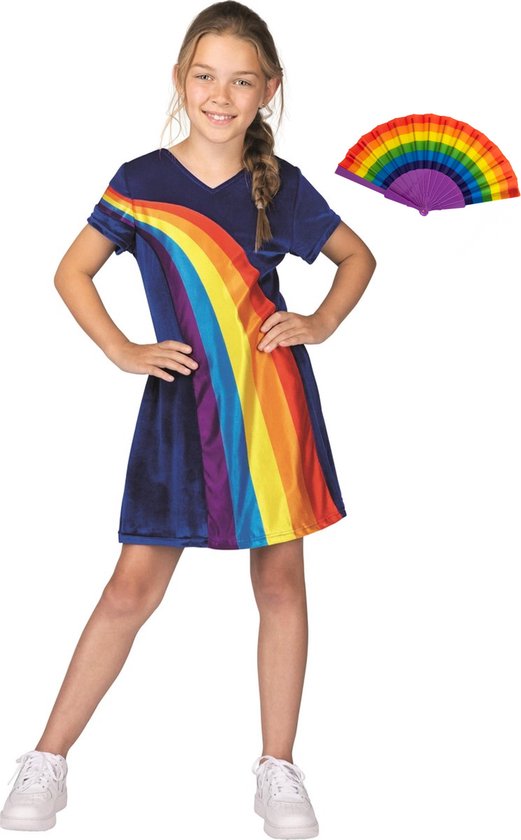 K3 jurkje regenboog - nieuw - blauw - verkleedjurk - maat 3-5 jaar + waaier Pakket