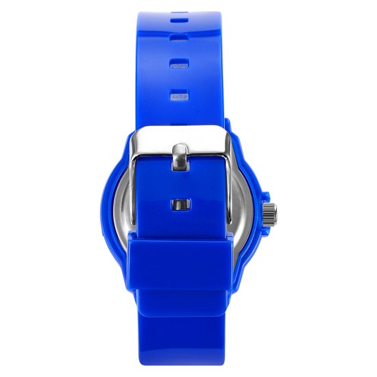 Achterkant van een blauw kinderhorloge met zilverkleurige gesp en kroon.