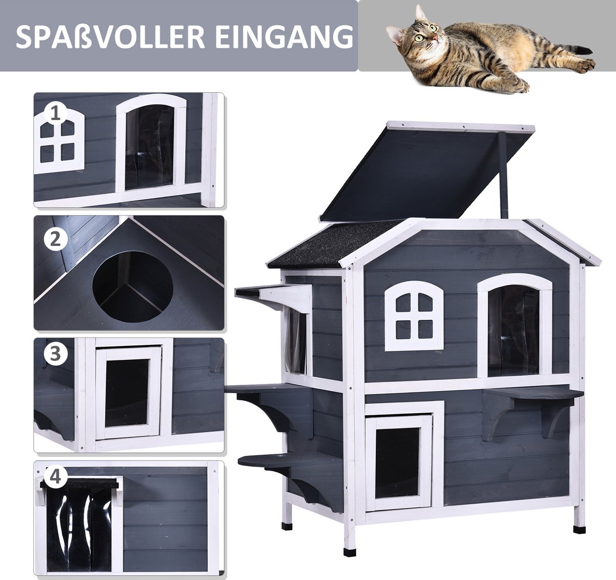 PawHut Katzenhaus Katzenhütte mit Asphaltdach Katzenhöhle Kleintierhaus mit Fenster für Katzen Hunde Outdoor Winterfest Tannenholz Grau Schwarz 87 x 52 x 48 cm