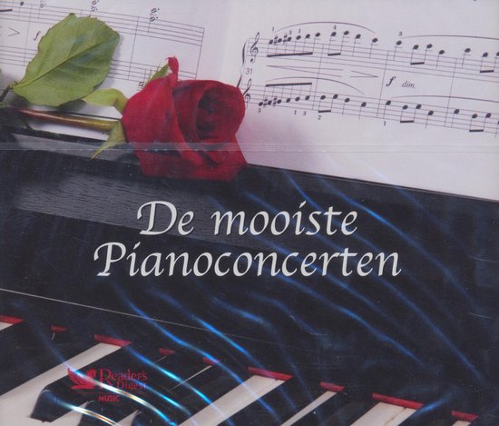 Albumhoes met een rode roos op pianotoetsen en muzieknoten. De titel 'De mooiste Pianoconcerten' is zichtbaar.