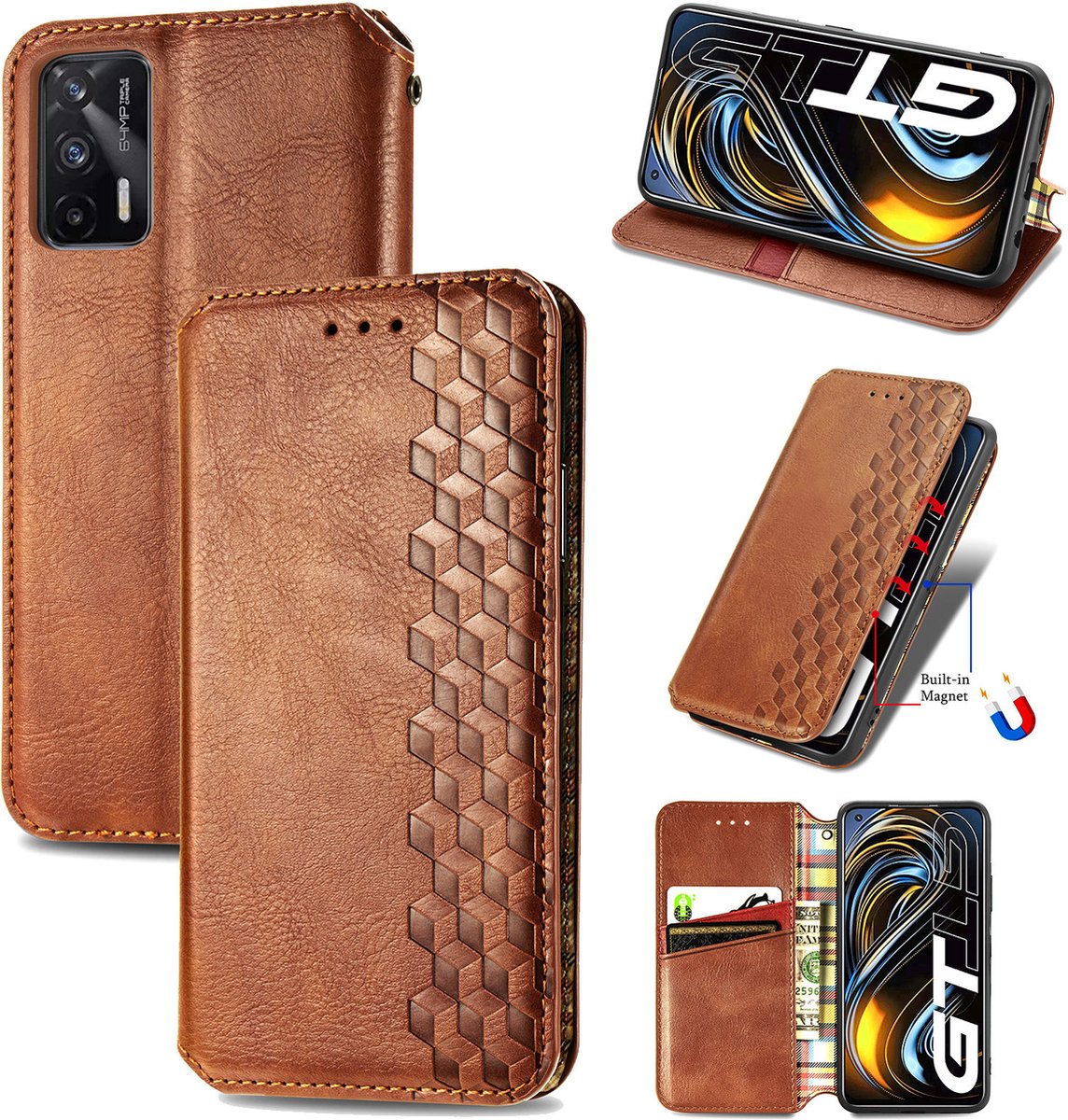 Luxe PU Lederen Ruitpatroon Wallet Case + Screenprotector voor OPPO Realme GT 5G _ Bruin