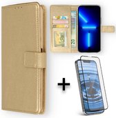 iPhone 13 Pro Hoesje Goud & 1 Stuk Volledige Glazenscreen protector - Portemonnee Book Case - Kaarthouder & Magneetlipje