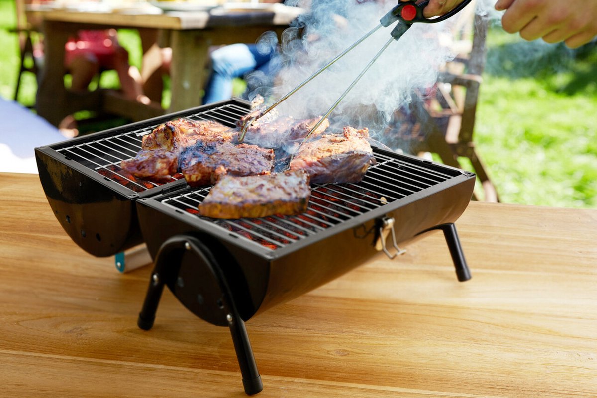 Tafel barbecue - Dubbelzijdig te gebruiken - Houtskool BBQ - Met opvangbak - 38,4 x 27,5 x 26,7 cm (L x B x H)