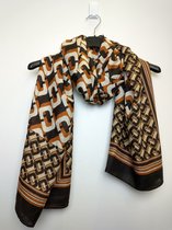 Lange dames sjaal Carlijn fantasiemotief bruin wit beige cognac