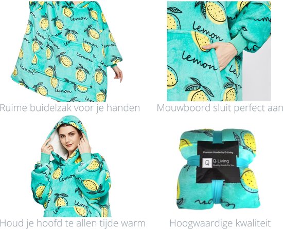 Q-Living Hoodie Deken - Snuggie - Plaid Met Mouwen - Snuggle Hoodie - Fleece Deken Met Mouwen - 1450 gram - Citroen/Groen