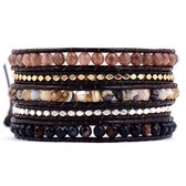 Marama - bracelet wrap Onyx Gold - cuir noir - 83 cm. - 3 fermetures - pierre précieuse Onyx - cadeau de la Saint-Valentin pour lui