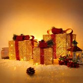 LED cadeau’s kerst versiering warm wit 3 stuks rood goud | LED verlichte kerstpakketten in drie verschillende maten | Creëren een gezellige kerstsfeer bij u thuis | Recyclebaar materiaal | 55