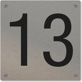 Huisnummerbord - huisnummer 13 - voordeur - 12 x 12 cm - rvs look - schroeven - naambordje nummerbord