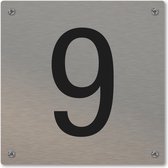 Huisnummerbord - huisnummer 9 - voordeur - 12 x 12 cm - rvs look - schroeven - naambordje nummerbord
