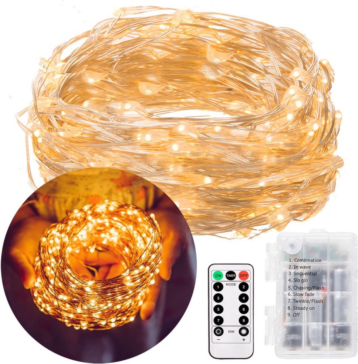 Springos Kerstverlichting | 9.9 m + 0.3 m snoer | Batterij | Inclusief afstandsbediening | 100 LED | Warm wit