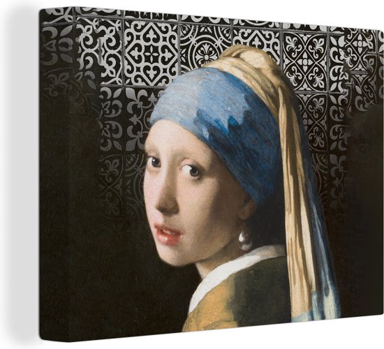 Tableau sur toile - Fille à la boucle d'oreille en perle - Zwart - Wit - 160x120 cm - Décoration murale XXL