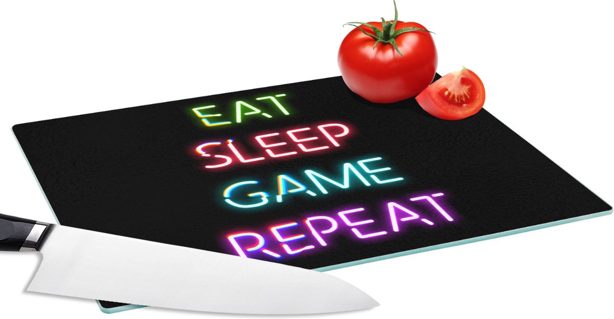 Glazen Snijplank - 28x20 - Gaming - Led - Quote - Eat sleep game repeat - Gamen - Snijplanken Glas
