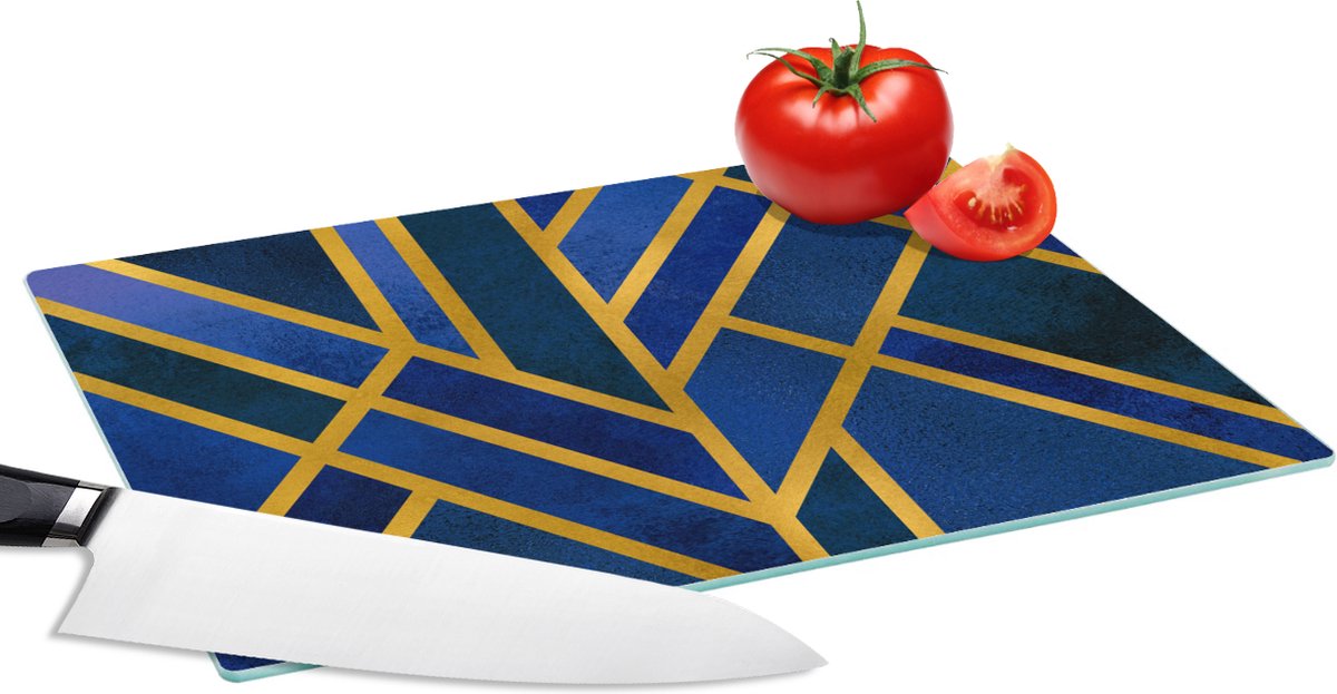 Glazen Snijplank - 28x20 - Goud - Blauw - Patroon - Luxe - Snijplanken Glas