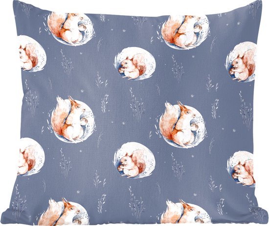 Sierkussens - Kussentjes Woonkamer - 50x50 cm - Winter - Eekhoorn - Blauw - Kerstversiering - Kerstdecoratie voor binnen - Woonkamer