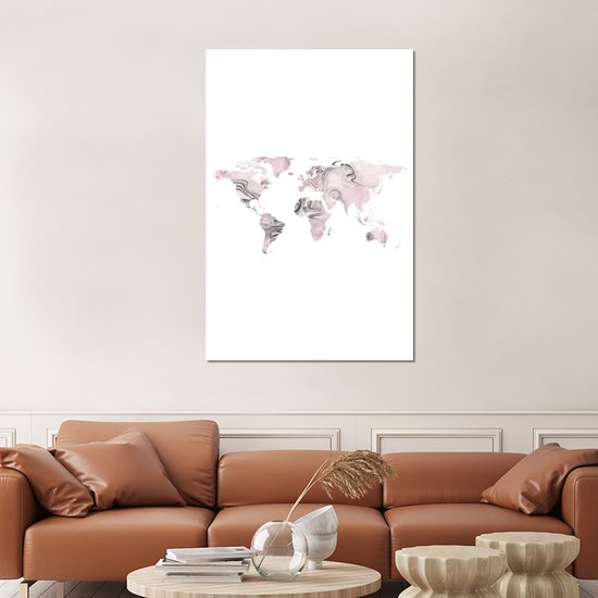 Décoration murale Métal - Peinture Aluminium - Wereldkaart - Rose - Grijs - Peinture - 100x150 cm