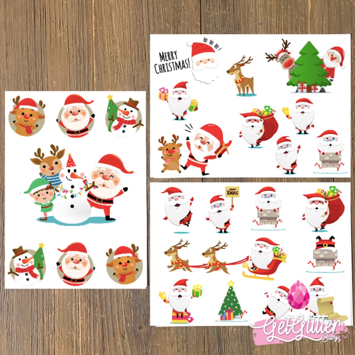 GetGlitterBaby® - Kerst Kinder Plak Tattoos / Tijdelijke Tattoo / Nep Tatoeage voor Kinderen - Kerstmis / Christmas / Kerstman / Rendier - 3 stuks
